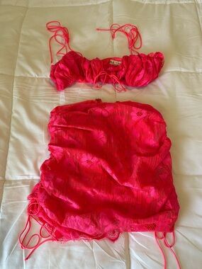 For Love & Lemons Hot Pink Lace Bikini Top and Skirt Set